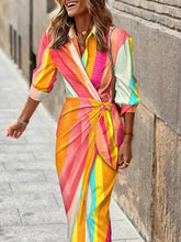 Women's Dresses Printed Lapel Belted Long Sleeve Dress